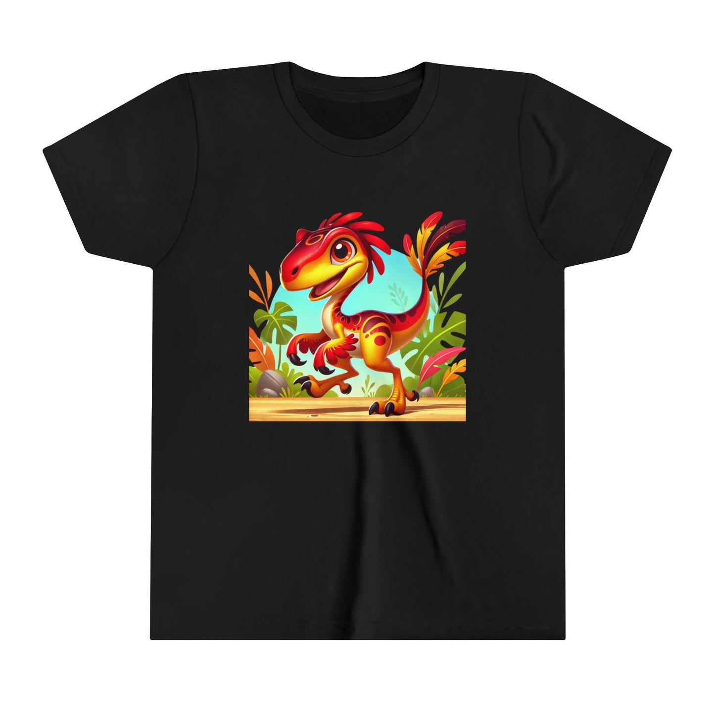 Youth Vibrant Jungle Velociraptor Tee – Fun, Fierce, and Full of Color! 🦖🌺🌿 - Unisex Jersey Short Sleeve Tee Super Comfy Dino T-Shirt Gift