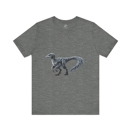 Elegant Feathered Velociraptor Tee – Sleek Style in Striking Silver & Gray 🦖🌌❄️ - Unisex Jersey Short Sleeve Tee Super Comfy Dino T-Shirt Gift