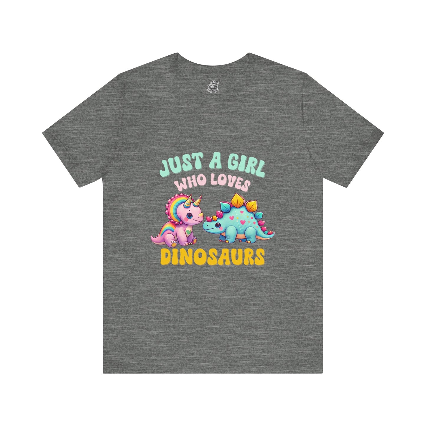 Just a Girl Who Loves Dinosaurs Unisex T-Shirt – Rainbow Triceratops & Colorful Stegosaurus Design