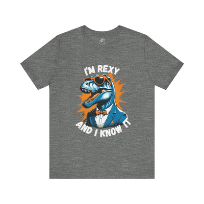 Suave Rex – I’m Rexy and I Know It Unisex T-Shirt with Stylish T-Rex in Shades & Suit