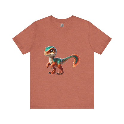 Adorable Scaled Velociraptor Tee – Vibrant Dino Charm in Teal & Orange! 🦖🍃🔥 - Unisex Jersey Short Sleeve Tee Super Comfy Dino T-Shirt Gift