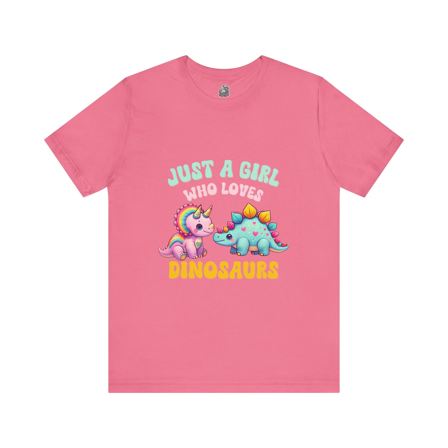 Just a Girl Who Loves Dinosaurs Unisex T-Shirt – Rainbow Triceratops & Colorful Stegosaurus Design