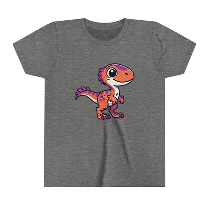 Youth Adorable Cartoon Velociraptor Tee – Cute Dino Fun for All Ages! 🦖💜🧡 - Unisex Jersey Short Sleeve Tee Super Comfy Dino T-Shirt Gift