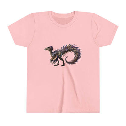 Youth Fierce & Fabulous Velociraptor Tee – Bold Stripes & a Pop of Purple! 🦖💜🌌 - Unisex Jersey Short Sleeve Tee Super Comfy Dino T-Shirt Gift