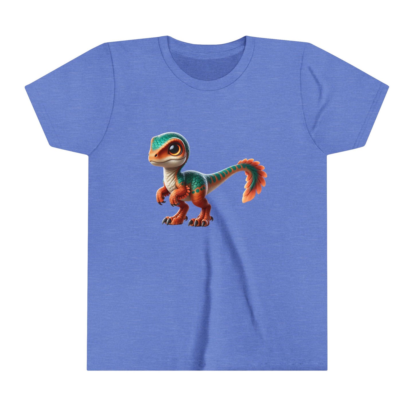 Youth Adorable Scaled Velociraptor Tee – Vibrant Dino Charm in Teal & Orange! 🦖🍃🔥 - Unisex Jersey Short Sleeve Tee Super Comfy Dino T-Shirt Gift