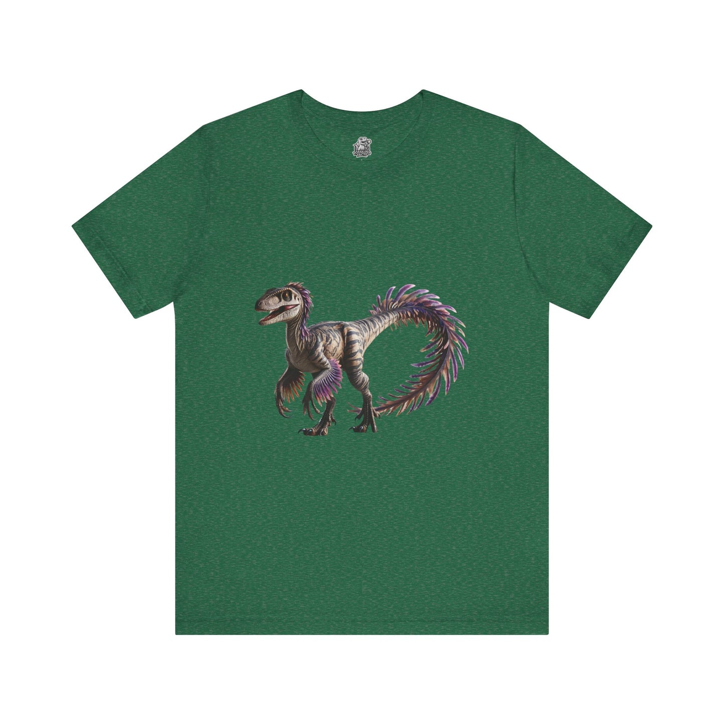 Fiercely Feathered Velociraptor Tee – A Wild Splash of Style and Prehistoric Flair! 🦖💜🌿 - Unisex Jersey Short Sleeve Tee Super Comfy Dino T-Shirt Gift