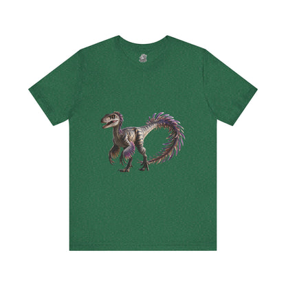 Fiercely Feathered Velociraptor Tee – A Wild Splash of Style and Prehistoric Flair! 🦖💜🌿 - Unisex Jersey Short Sleeve Tee Super Comfy Dino T-Shirt Gift