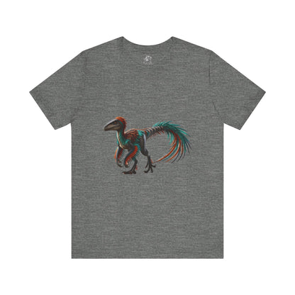 Stunning Feathered Velociraptor Tee – Bold Jungle Colors & Fierce Dino Style! 🦖🍂🌌 - Unisex Jersey Short Sleeve Tee Super Comfy Dino T-Shirt Gift