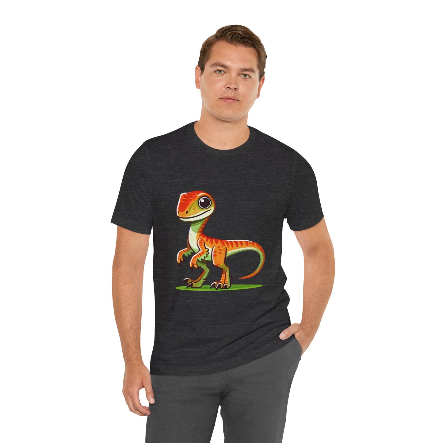 Bright & Bold Velociraptor Tee – Adorable Dino Fun in Orange & Green! 🦖🍊🌿 - Unisex Jersey Short Sleeve Tee Super Comfy Dino T-Shirt Gift