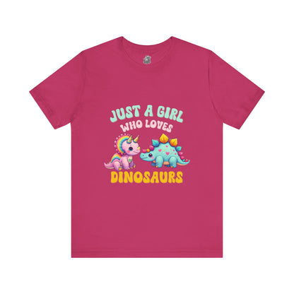 Just a Girl Who Loves Dinosaurs Unisex T-Shirt – Rainbow Triceratops & Colorful Stegosaurus Design