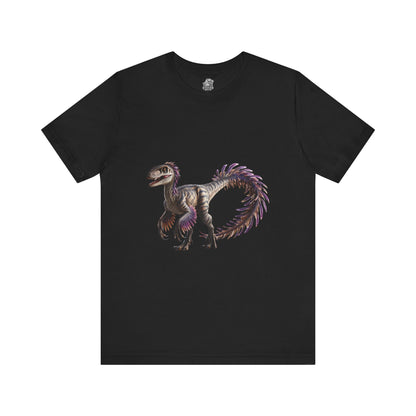 Fiercely Feathered Velociraptor Tee – A Wild Splash of Style and Prehistoric Flair! 🦖💜🌿 - Unisex Jersey Short Sleeve Tee Super Comfy Dino T-Shirt Gift