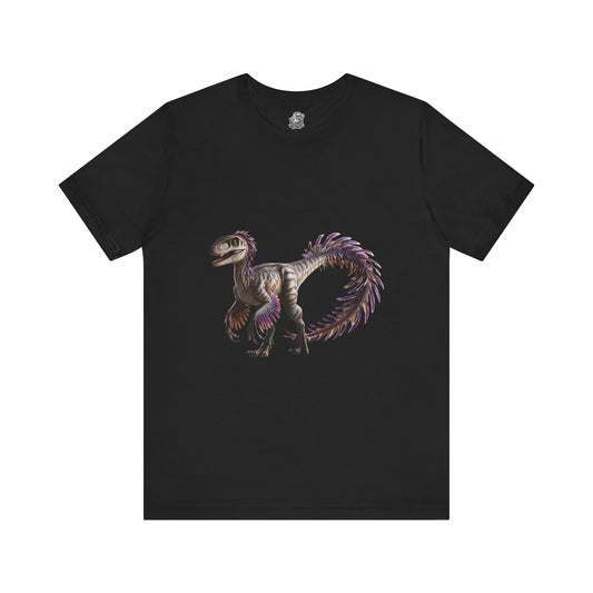 Fiercely Feathered Velociraptor Tee – A Wild Splash of Style and Prehistoric Flair! 🦖💜🌿 - Unisex Jersey Short Sleeve Tee Super Comfy Dino T-Shirt Gift