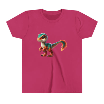 Youth Adorable Scaled Velociraptor Tee – Vibrant Dino Charm in Teal & Orange! 🦖🍃🔥 - Unisex Jersey Short Sleeve Tee Super Comfy Dino T-Shirt Gift