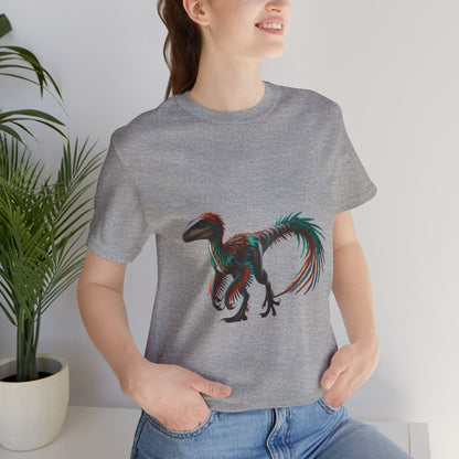 Stunning Feathered Velociraptor Tee – Bold Jungle Colors & Fierce Dino Style! 🦖🍂🌌 - Unisex Jersey Short Sleeve Tee Super Comfy Dino T-Shirt Gift