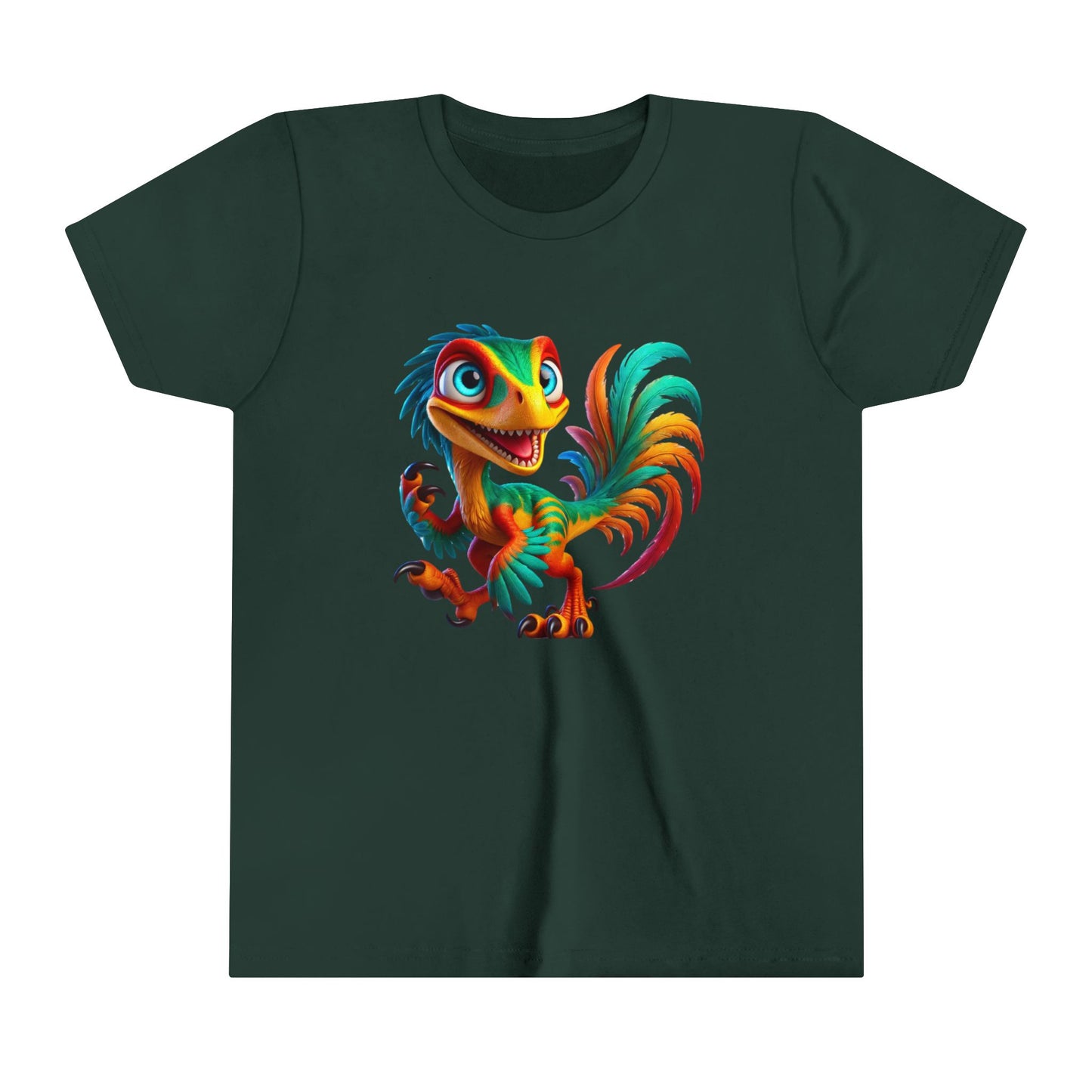 Youth Colorful & Lively Velociraptor with Vibrant Feathers – Perfect for Dino Lovers! - Unisex Jersey Short Sleeve Tee Super Comfy Dino T-Shirt Gift