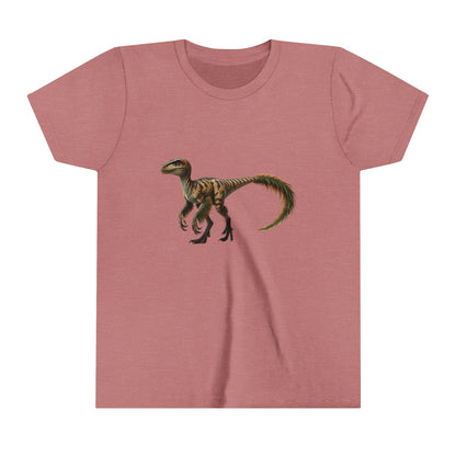 Youth Fiercely Feathered Velociraptor Tee – A Wild Splash of Style and Prehistoric Flair! 🦖💜🌿 - Unisex Jersey Short Sleeve Tee Super Comfy Dino T-Shirt Gift