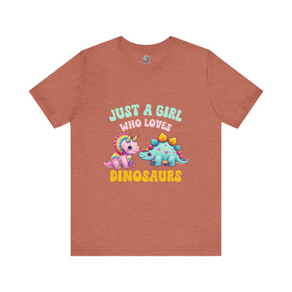 Just a Girl Who Loves Dinosaurs Unisex T-Shirt – Rainbow Triceratops & Colorful Stegosaurus Design