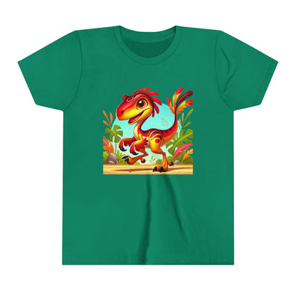 Youth Vibrant Jungle Velociraptor Tee – Fun, Fierce, and Full of Color! 🦖🌺🌿 - Unisex Jersey Short Sleeve Tee Super Comfy Dino T-Shirt Gift