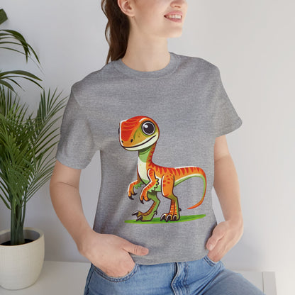 Bright & Bold Velociraptor Tee – Adorable Dino Fun in Orange & Green! 🦖🍊🌿 - Unisex Jersey Short Sleeve Tee Super Comfy Dino T-Shirt Gift