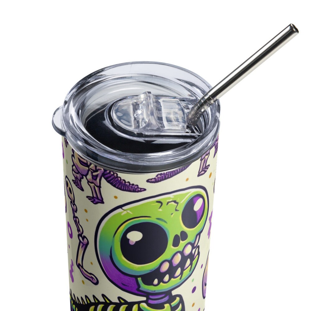 Stainless Steel 20oz (600 ml) Tumbler - " Dino Zombie " With Straw and Lid, Keeps hot drinks hot and cold drinks cold for hours