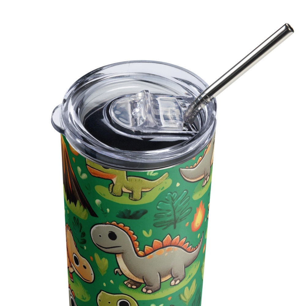 Stainless Steel 20oz (600 ml) Tumbler - " Cute Dino " With Straw and Lid, Keeps hot drinks hot and cold drinks cold for hours