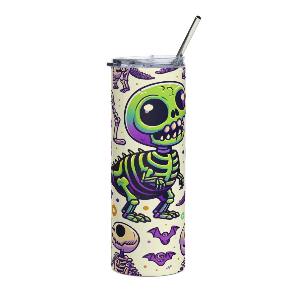 Stainless Steel 20oz (600 ml) Tumbler - " Dino Zombie " With Straw and Lid, Keeps hot drinks hot and cold drinks cold for hours